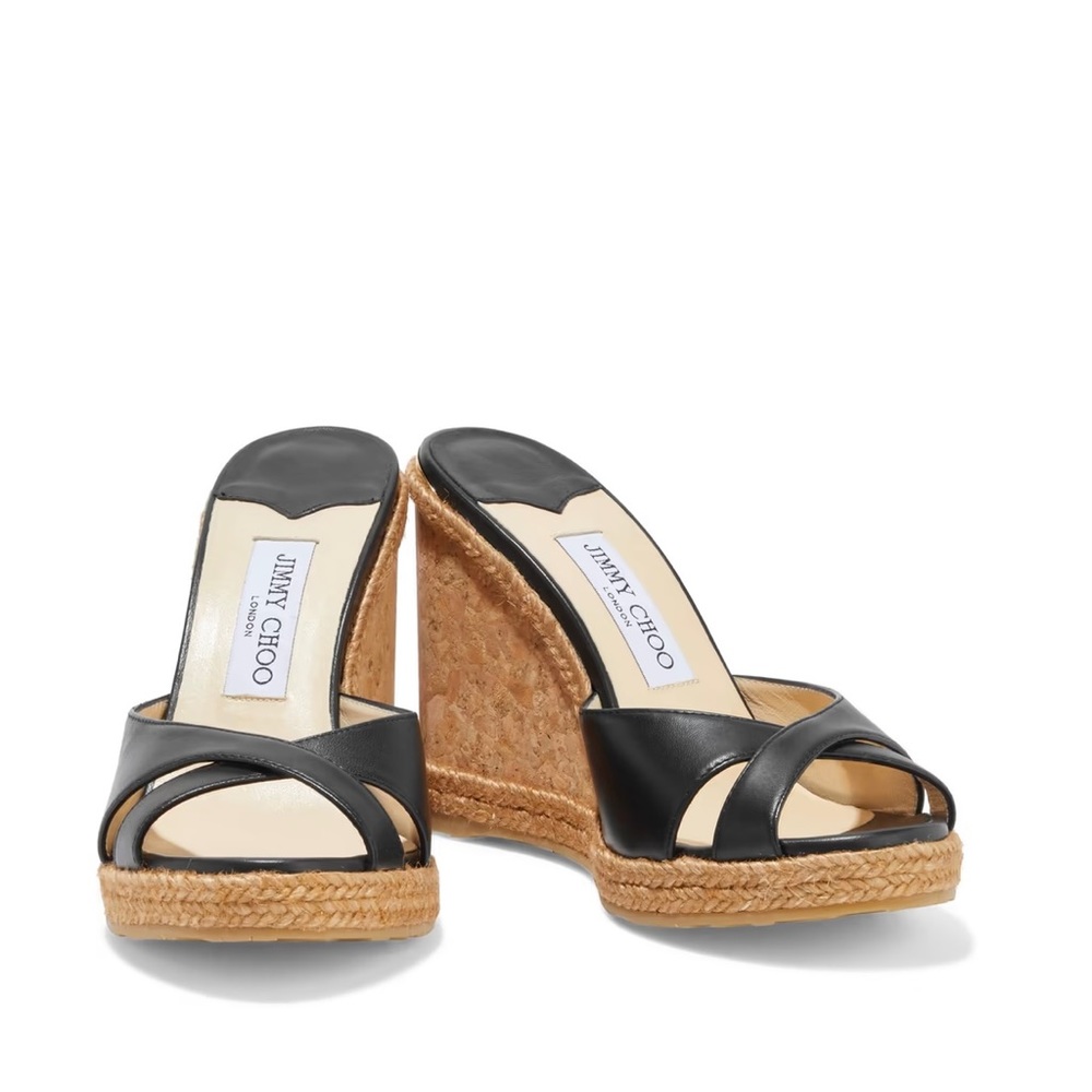 Jimmy Choo Black Leather Espadrille Wedge Sandals